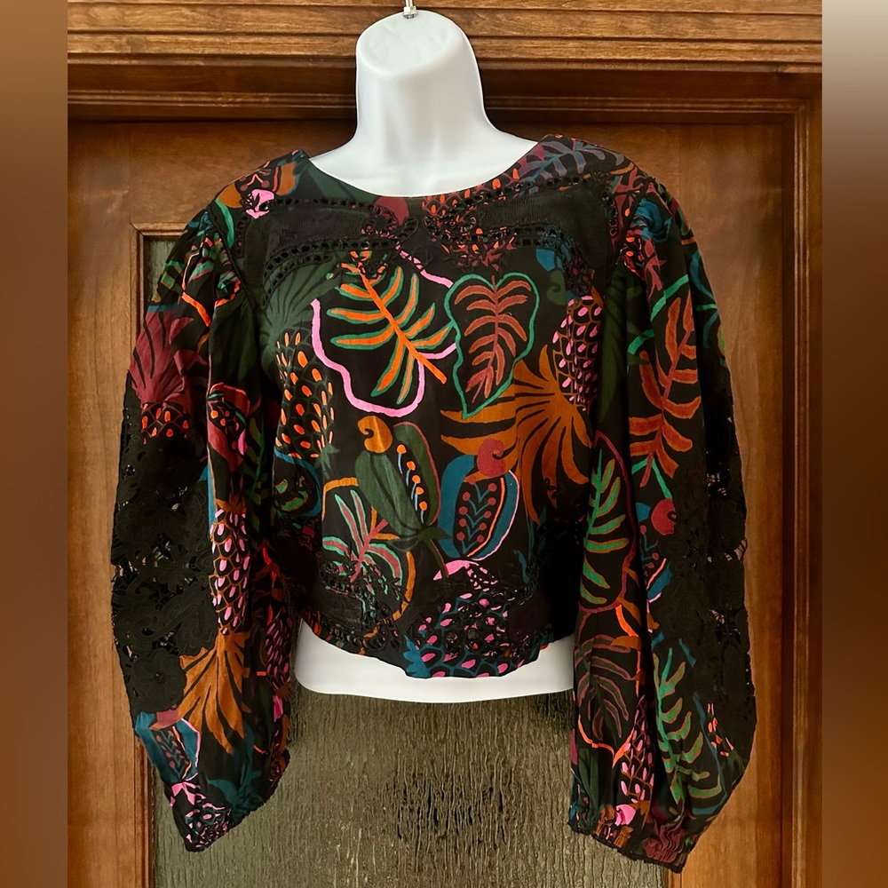 Farm Rio Black tropical top with lace detail